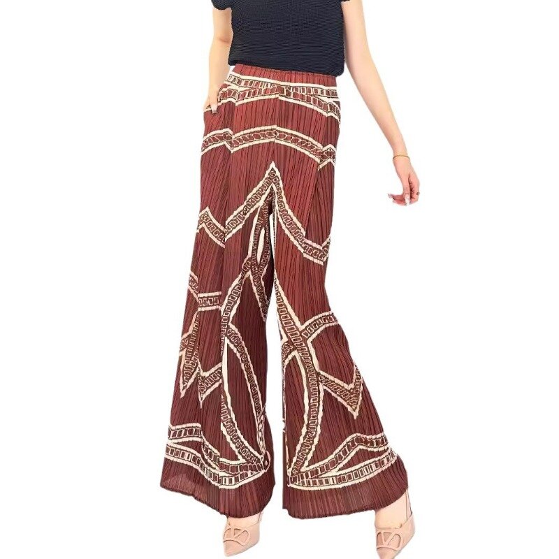 Miyake Rugged Vintage Stripe Printed Wide Leg Pants High Feeling Loose Summer Pants for Women