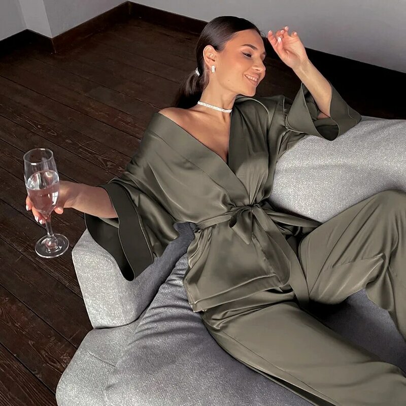 Satin Pajamas Set Women Solid Lace-up V Neck Top Trousers 2pcs Pyjamas Sleepwear Home Suit Women's Clothing Free Shipping Offers