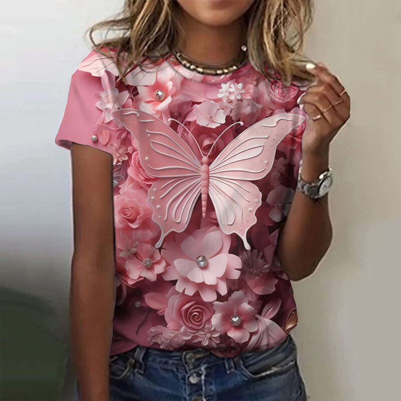 2024 Mode Vrouw T-Shirt 3d Vlinder Print Ronde Hals Korte Mouw T-Shirt Luxe Dames T-Shirts Oversized Y 2K Kleding Voor Meisjes