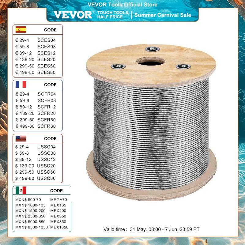 VEVOR 316 스테인레스 스틸 와이어 로프, 강한 장력, 부드러운 낚시 리프팅 케이블, 7*7 빨랫줄, 1.5mm-3.2mm 직경, 152m, 500 피트