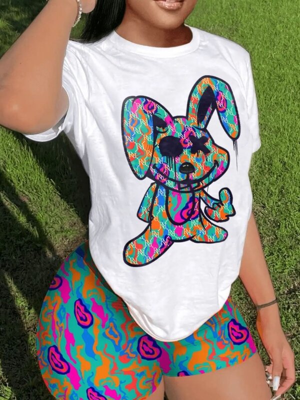 LW Plus Size Multicolor Bear Cartoon Print Short Suits 2pcs Outfits O Neck Short Sleeve Tee+Skinny Sporty Bottoms Two Pieces Set