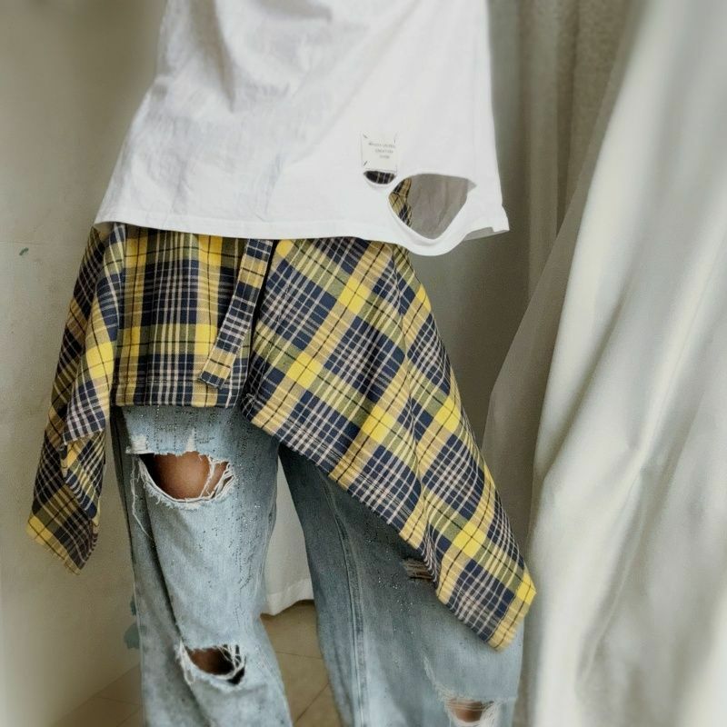 Plaid Hip Hop unregelmäßige Männer und Frauen gefälschte Hemd Saum Frühling Herbst falsche Hemd Rock Halbkörper Jeans röcke Frauen Jupe Saia
