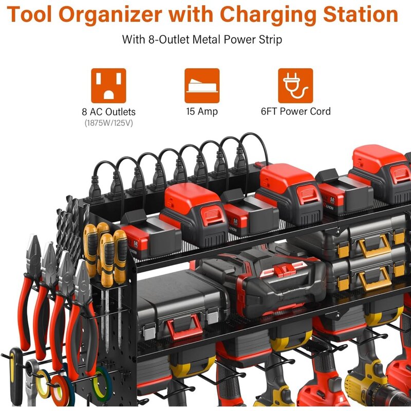 JUNNUJ Large Pegboard Power Tool Organizer with Charging Station, 8 Drills Driver and Tools Battery Holder Wall Mount