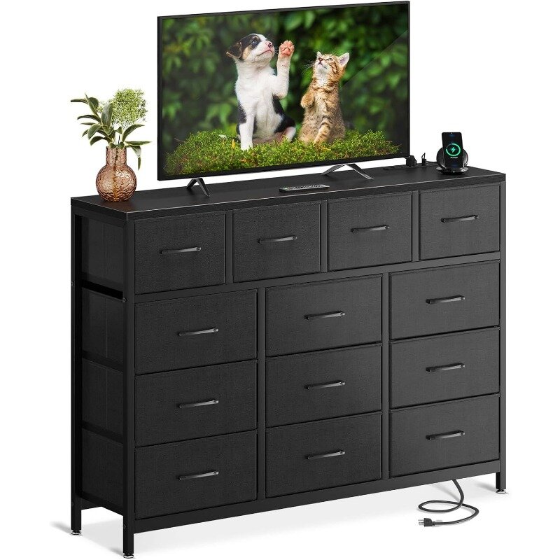 Long TV Stand with 3 Outlets and 2 USB Charging Ports, 57'' Wide TV Stand with 13 Large Drawers, Fabric TV Stand