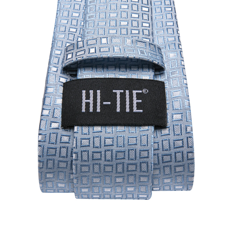 Hi-Tie Designer Light Blue Plaid Elegant Tie for Men Fashion Brand Wedding Party Necktie Handky Cufflinks Wholesale Business