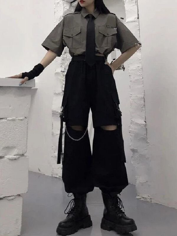 HOUZHOU-pantalones Cargo góticos para mujer, ropa de calle Punk con cadena, color negro, pantalones de pierna ancha de gran tamaño, moda coreana, Alt 2021