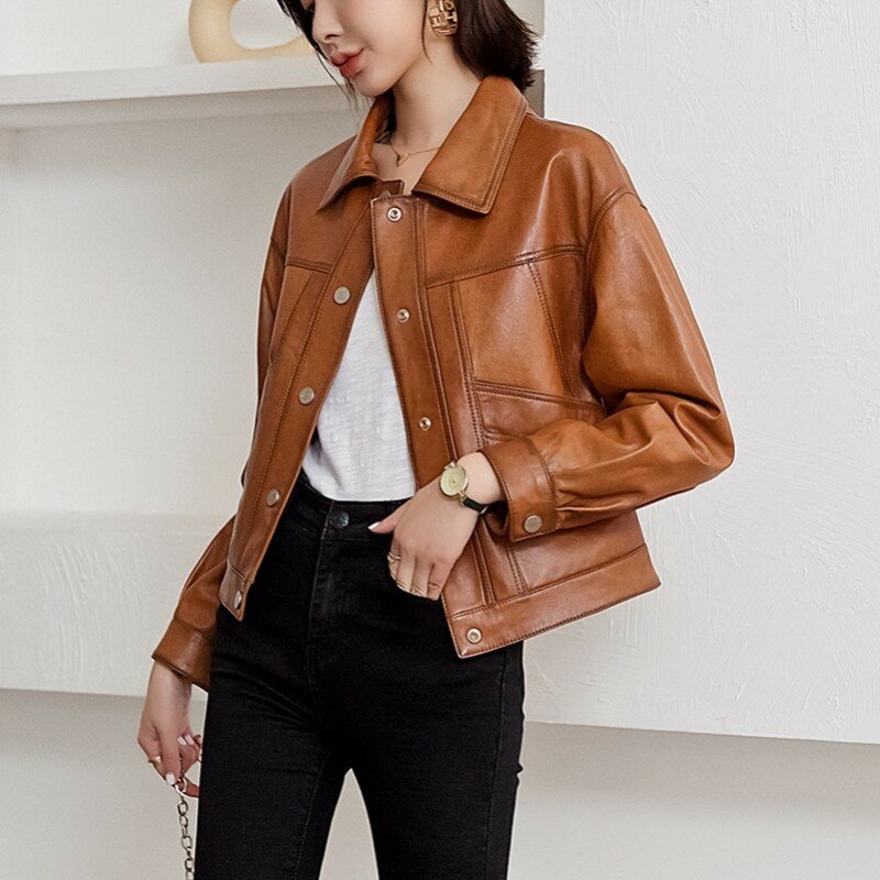 여성용 빈티지 정품 가죽 숏 재킷, 양 피부 슬림핏 코트, 오토바이 가죽 재킷, OL 스트리트 캐주얼 코트, 2023 가을