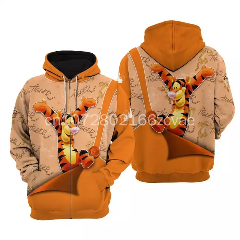 2024 Nieuwe Disney Tigger 3d Hoodie Heren Damesmode Sweatshirt Hoodie Disney Asual Harajuku Streetwear Tigger Rits Hoodie