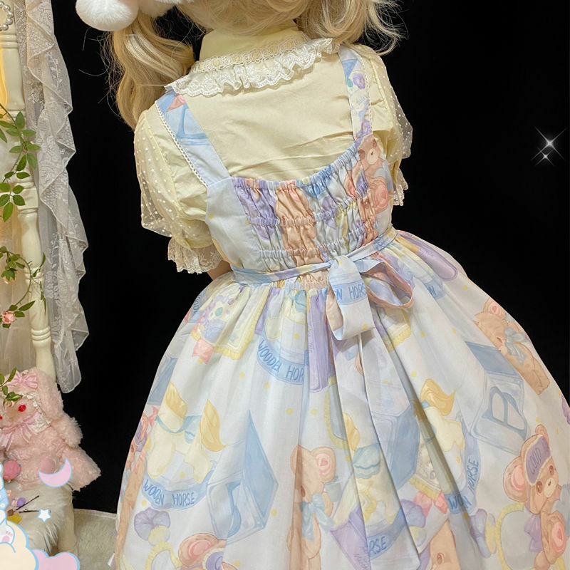 Lolita Cute Bear Print Japanese JSK Dress Sweet Lolita Dresses Female Soft Girls Blue Women Ruffle Bowknot Tea Party Dress