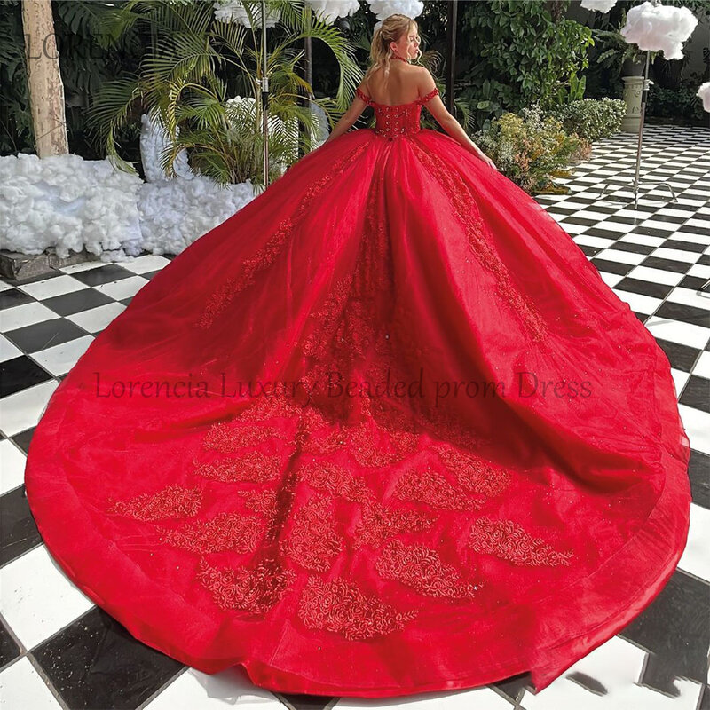 ชุดเดรสควินซีเนอร่าสีแดง2024ชุดเดรสหวาน16ชุดไปงานเต้นรำผ้าปิดไหล่ลายดอกไม้3D แขนกุดผ้าปะติดเสื้อ Vestidos de XV anos