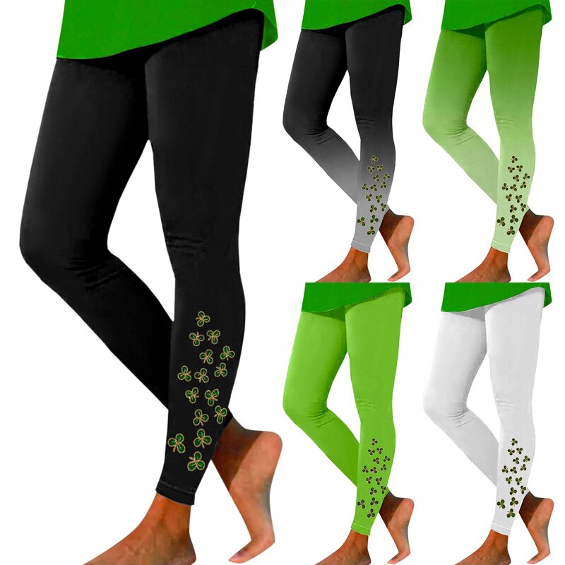 Legging untuk wanita, Legging olahraga cetak Hari St Pa celana blok warna lembut elastis