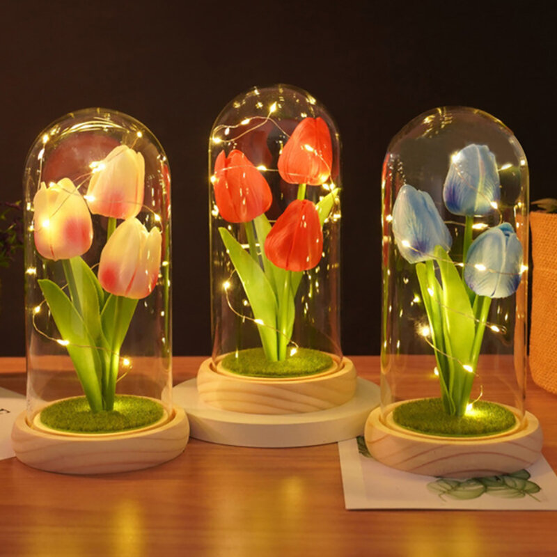 PU Simulação Tulip Night Light, Decoração De Vidro, Presente Criativo Dia Dos Namorados, Presente Festivo para Namorada