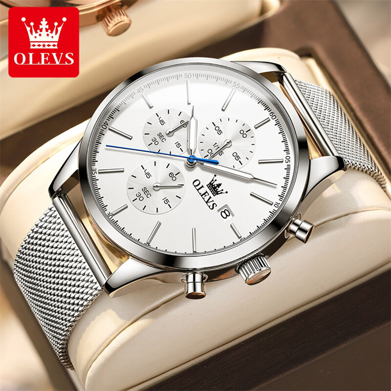 OLEVS Men Watch Chronograph sportowe kwarcowe zegarki męskie srebrne pasek z siatki data świecące zegarek wodoodporny mężczyzn Relogio