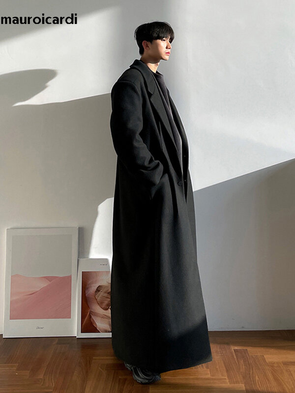 Mauroicardi Autumn Winter Extra Long Warm Black Loose Casual Wool Blends Coat Men Luxury Floor Length Overcoat Korean Fashion
