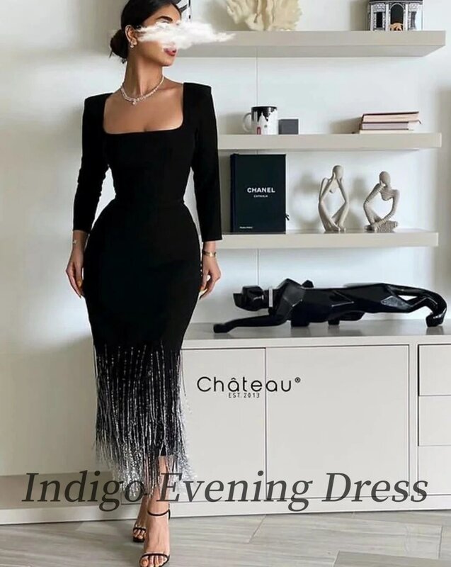 Vestidos índigo-preto de cetim com borla para mulheres, pescoço quadrado, comprimento do tornozelo, simples e elegante, vestido de festa, 2024