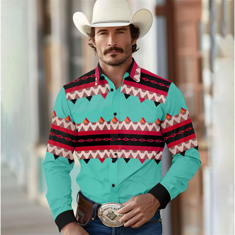 Camisa Tribal de estilo occidental para hombre, camisa de manga larga con solapa, XS-6XL azul, poliéster, tallas europeas, envío rápido, 2024