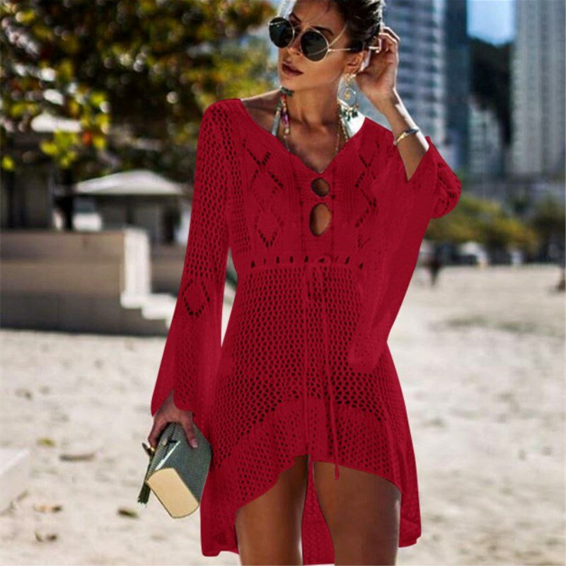 Spring Summer Hollow-out Sunscreen Shirt Flared Sleeve Beach Blouse Bikini Blouse European Beauty Sweater Black
