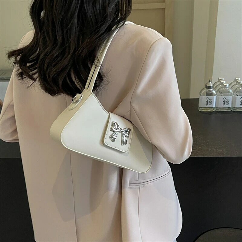 LEFTSIDE Simple Small Bow PU Leather Underarm Bags for Women 2024 Spring Trend Shoulder Crossbody Bag Lady Handbags and Purses