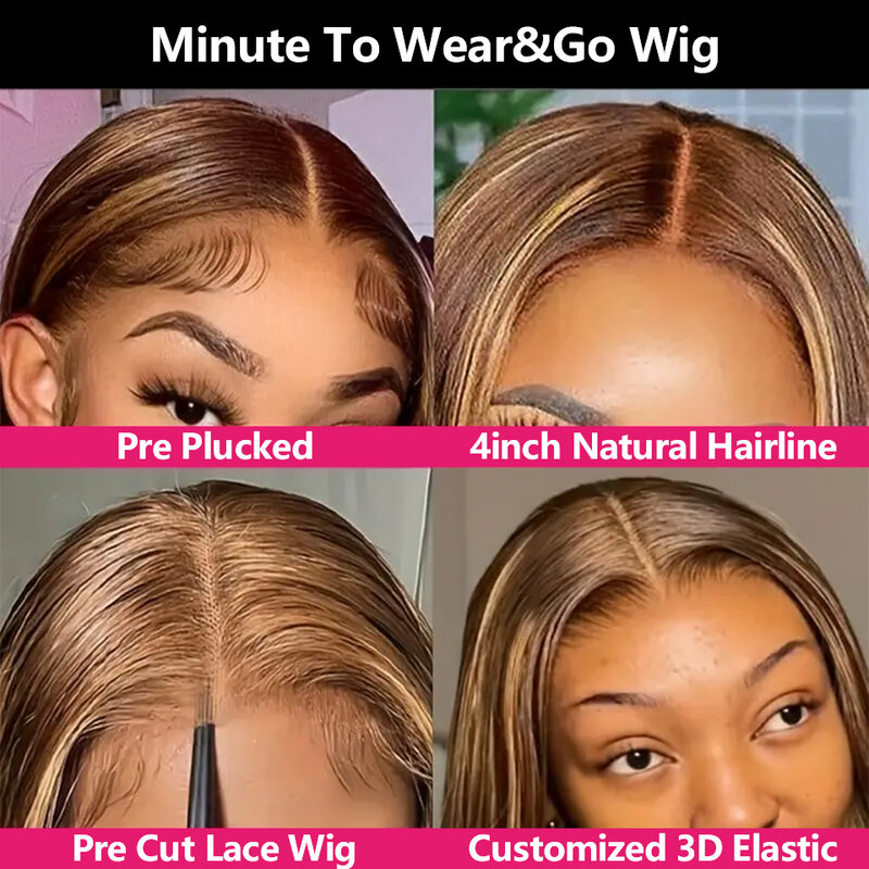 Perruque Lace Front Wig Body Wave naturelle sans colle, cheveux humains, blond miel, P4/27, 32 pouces, pre-plucked, transparente