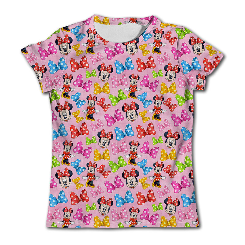 T-shirt de manga curta com design minnie mouse para meninas dos 3 aos 14 anos, roupa kawaii, design de desenhos animados, para crianças, verão