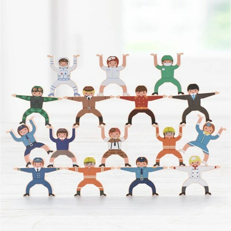 Set mainan balok susun edukasi balita, pekerjaan keseimbangan blok bangunan karakter permainan susun kayu untuk anak-anak