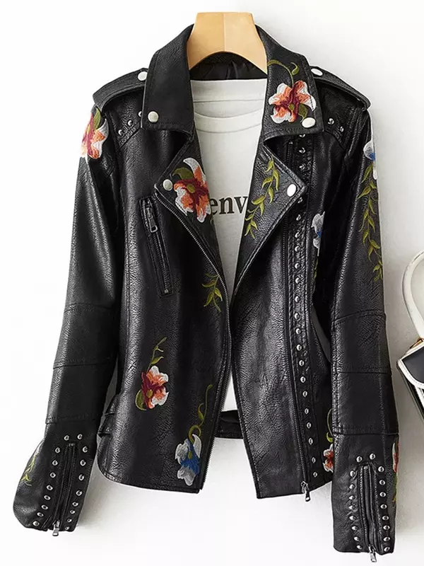 Kmetram-jaqueta macia de couro falso para mulheres, estampa floral, outerwear punk preto, gola falsa, colarinho de virada retrô e pu, nova e elegante