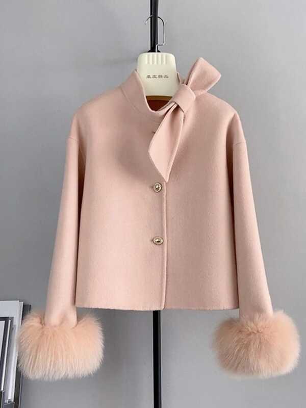 Mantel manset bulu rubah alami asli musim dingin baru 2024 mantel wanita pakaian luar mantel wanita kasmir wol jaket mewah wanita