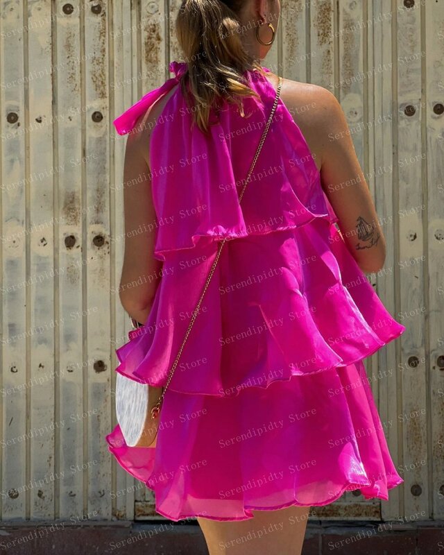 홀터 프릴 샤이니 시폰 파티 드레스, 2023 3 레이어, 밝은 핑크 민소매 캐주얼 드레스, 미니 길이 예쁜 가운