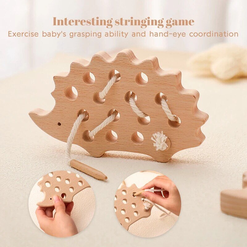 Drewniana deska do nawlekania jeża dziecięca zabawki Montessori bukowa drewniana zabawka edukacyjna guzik z koralikami klocki Puzzle prezenty dla dzieci