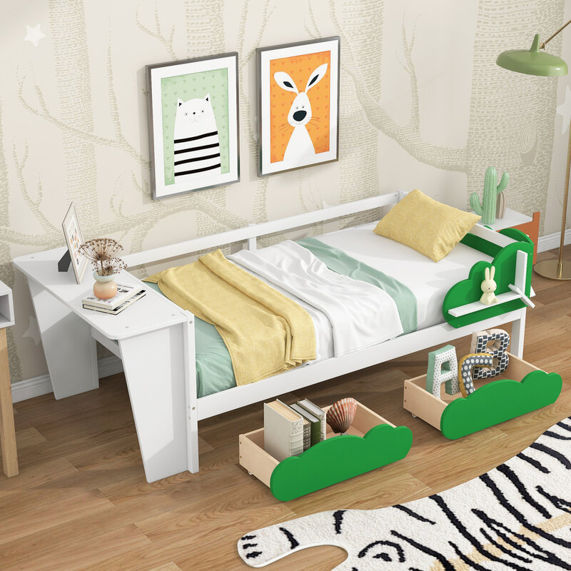 Daybed tamanho duplo com gavetas e prateleiras, mesa de upgrade, mesa branca, folha verde forma, aconchegante e funcional, quarto