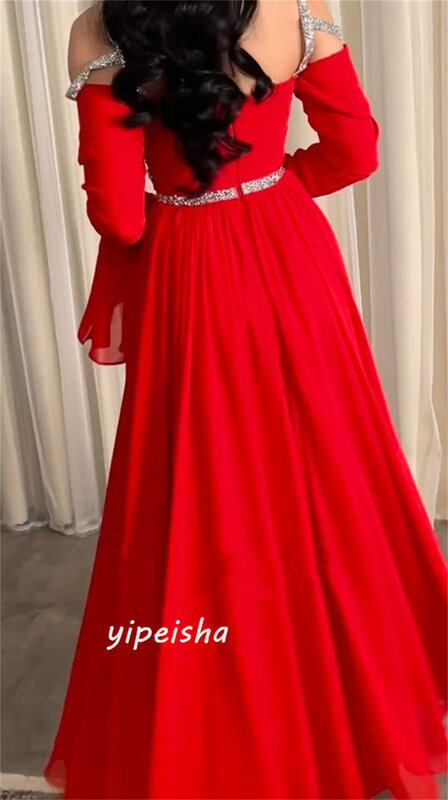 Ballkleid Saudi-Arabien Satin drapiert Perlen Party a-line schulter frei maßge schneiderte Anlass Kleid lange Kleider