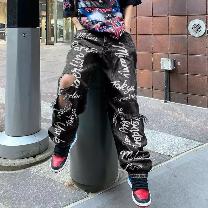 Y2K jeans retro das mulheres ins moda marca estilo quente esfarrapado escovado impresso hip-hop rua jeans casual frete grátis