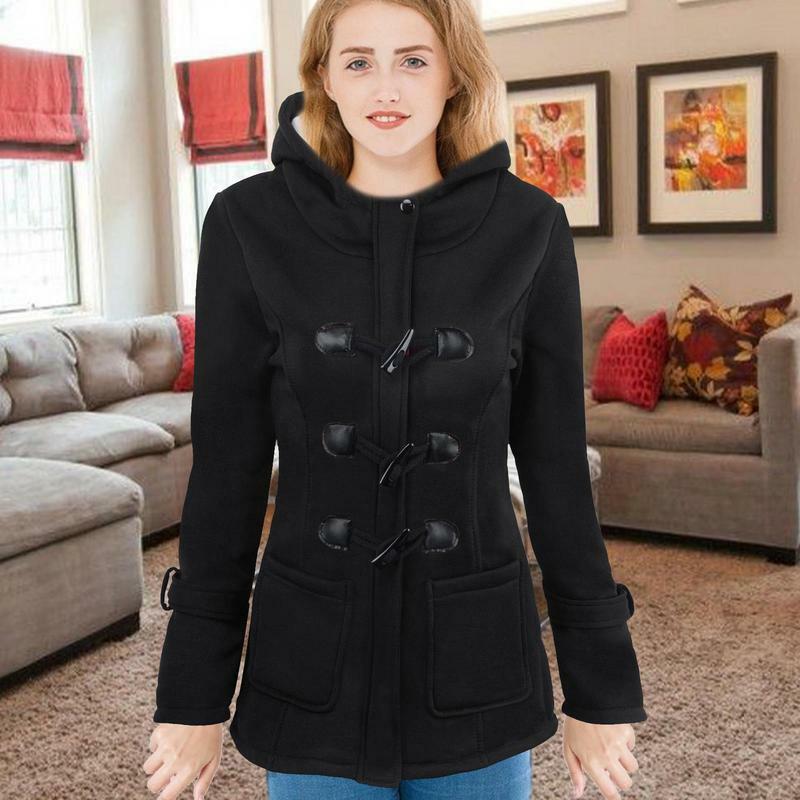 Abrigo de lana con botones de cuerno para mujer, chaqueta gruesa con capucha, abrigo de vestir con botones de cuerno para clima frío