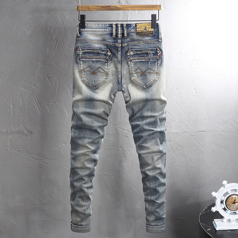 Pantalones vaqueros rasgados para Hombre, Jeans de diseñador de moda, alta calidad, Retro, lavado, azul, elástico, Slim Fit, Vintage