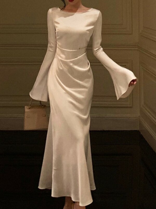Женское однотонное платье-Русалка средней длины, элегантное приталенное платье с расширяющимся книзу рукавом, винтажное платье во французском стиле для свадьбы и вечеринки, на весну-осень