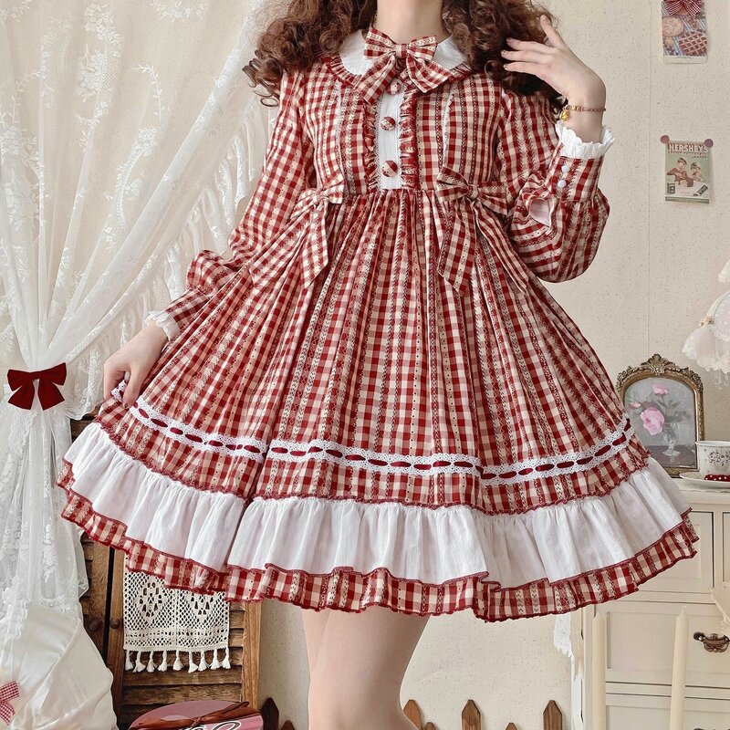 Lolita Kawaii – robe à carreaux en coton pour femmes, Vintage, manches longues, OP, automne, printemps, Cosplay, mignonne, pour filles