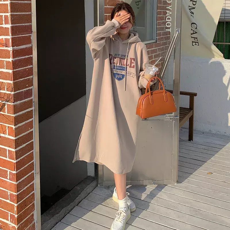 Koreańska modna długi, z kapturem bluza nowa pół-body sukienka wiosna i jesień Streetwear Harajuku luźne kolano bluza damska