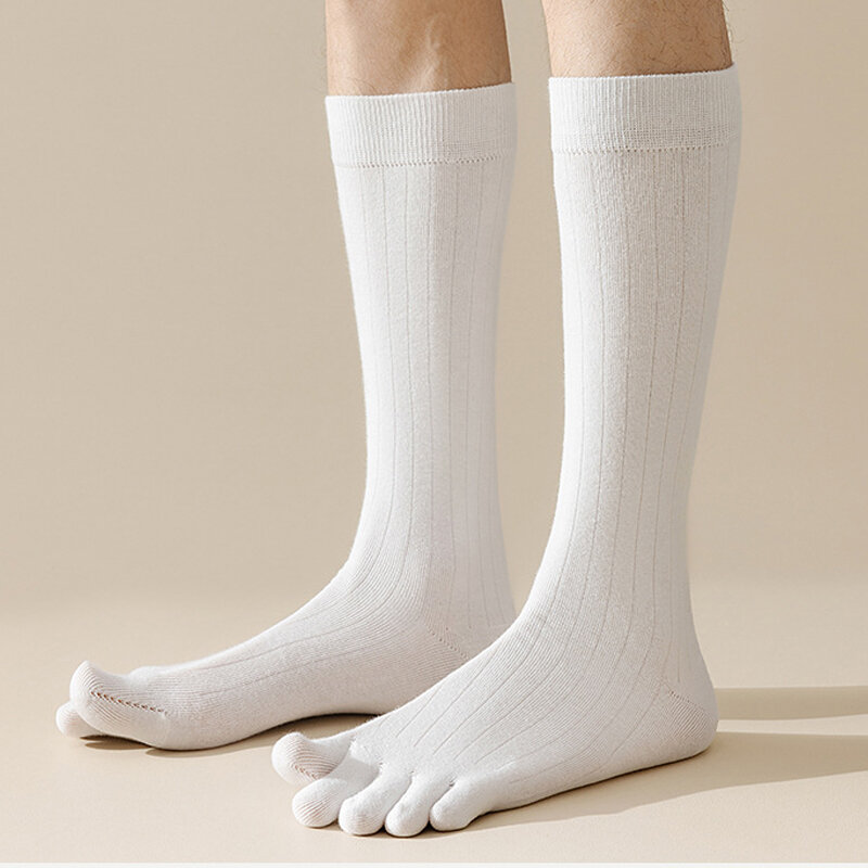 4 Pairs Men Toe Socks Long Cotton Solid Simple Business Party Dress Stockings Gentleman Breathable 5 Finger Socks Calf 4 Seasons