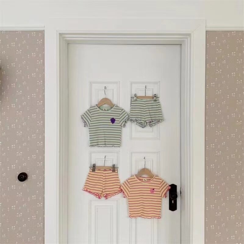 2024 Summer New Baby Striped Short Sleeve Clothing Set Girl Ear Edge Tops + Short 2 Pieces Suit Kids Grape Pattern Clothes Items