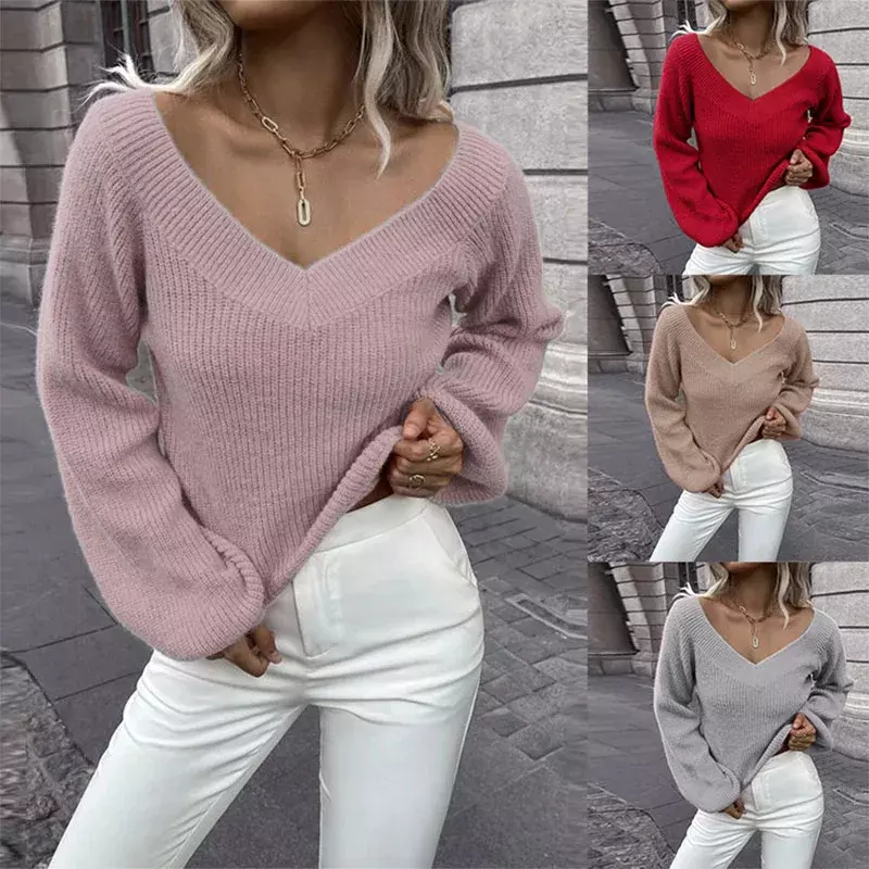 2024 New Autumn Winter Women Solid Color Versatile V-neck Long Sleeve Knitted Sweater Women Casual Loose Pullover Sweater