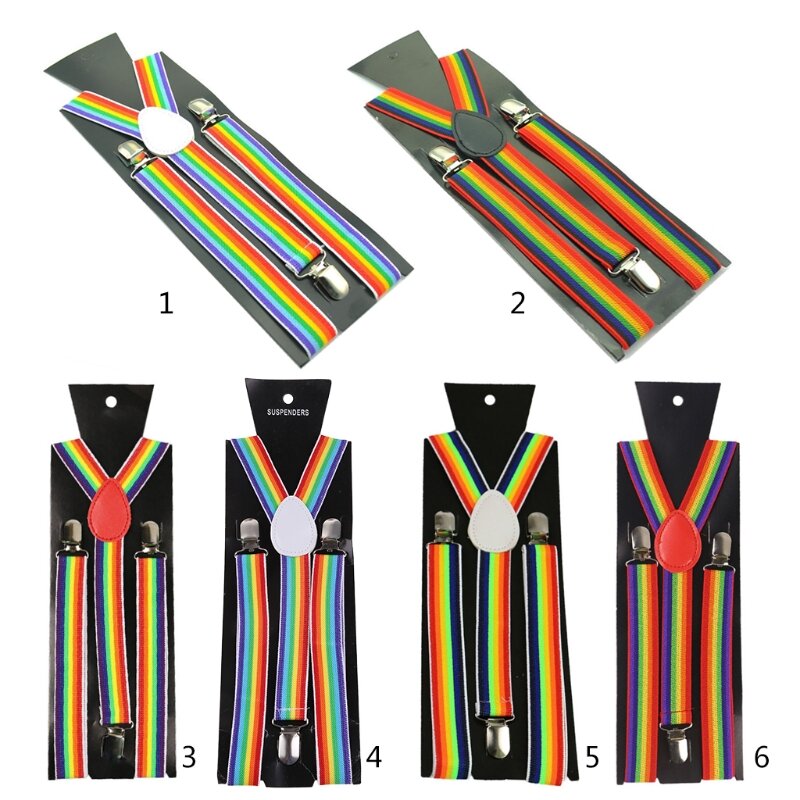 652F Unisex Wide Adjustable Y-Back Suspenders Rainbow Colorful Striped Belt with Clip