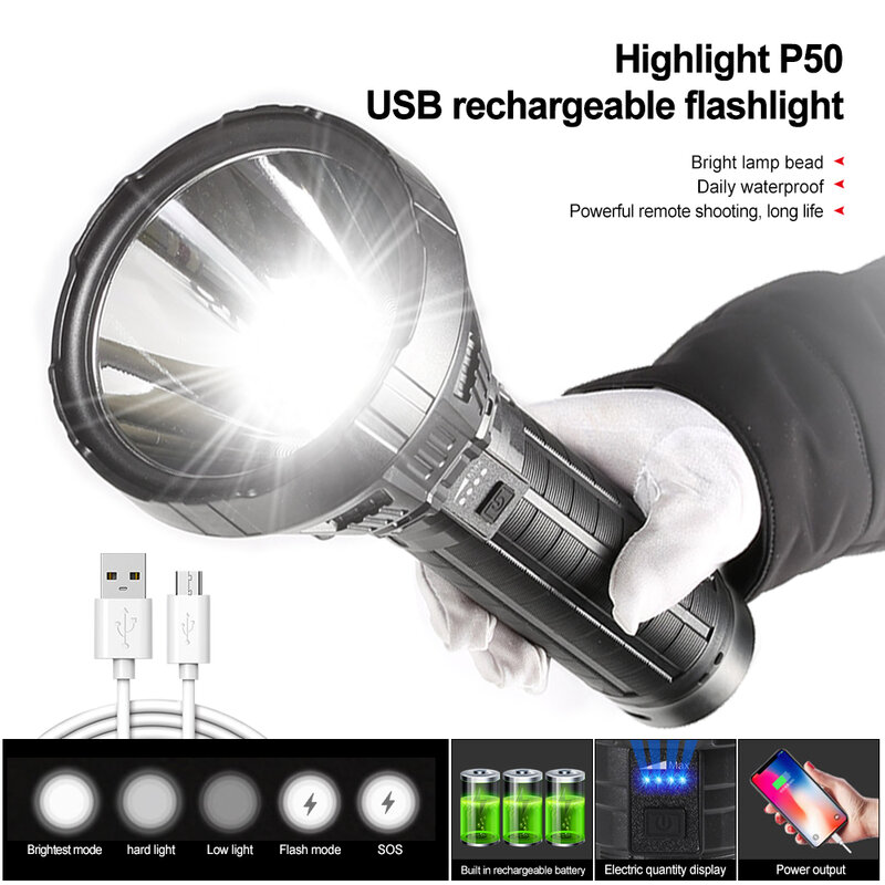 Linterna de mano P50 para exteriores, luz LED táctica recargable por USB, resistente al agua, potente Flash para acampada