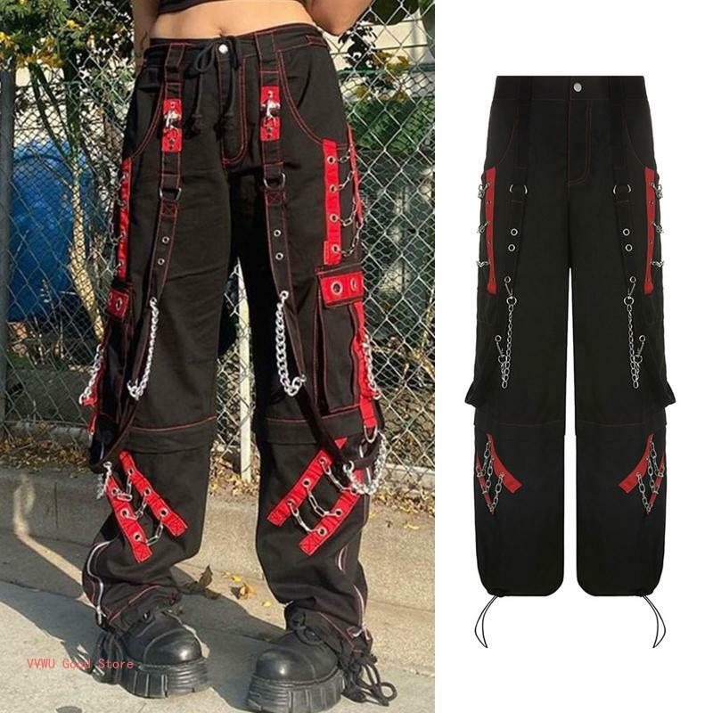 Pantalones Cargo holgados gótico oscuro para mujer, estilo Harajuku Punk, Colorblock, ojales, vendaje con cadena Metal, Hip