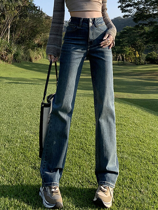 Duomofu Джинсы женские прямые с завышенной талией, узкие базовые Длинные свободные модные однотонные джинсы на молнии, черные, Chicly, на весну