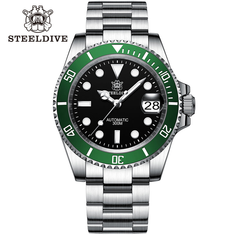 STEELDIVE SD1953 czarna tarcza zielona ceramiczna ramka szkiełka zegarka NH35 automatyczny zegarek 300M wodoodporne szafirowe szkło męskie zegarki do nurkowania