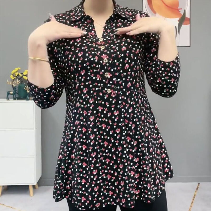 Polo-collo floreale Vintage donna camicette sottile moda elegante bottone manica lunga stampato pullover camicia abbigliamento donna autunno