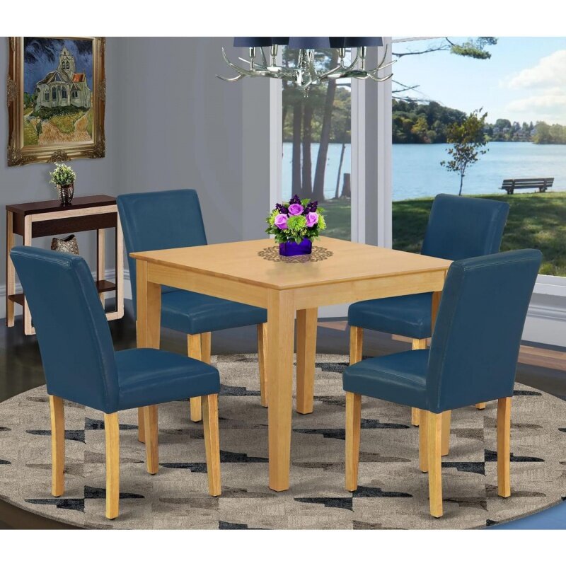 Oxford Modern Dining Set com mesa de madeira quadrada e 4 Oasis Blue Faux Leather, East West Móveis, OXAB5-OAK-55, 5 PCs