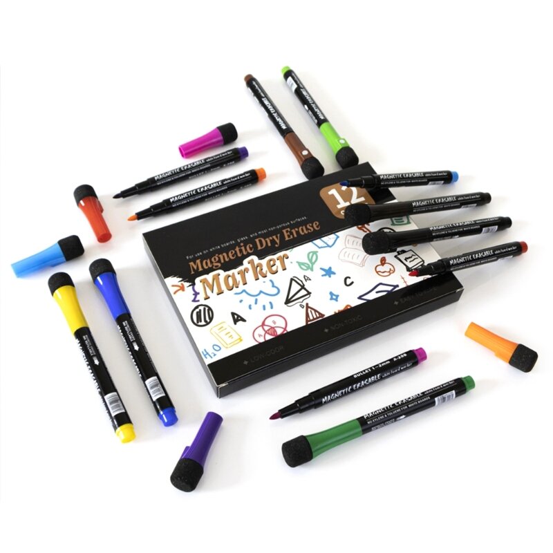 Magnetic Whiteboard Markers Pen, 12 cores sortidas, Dry Apaga canetas, Dry Wipe Canetas com borrachas, Fit para casa, escola, escritório