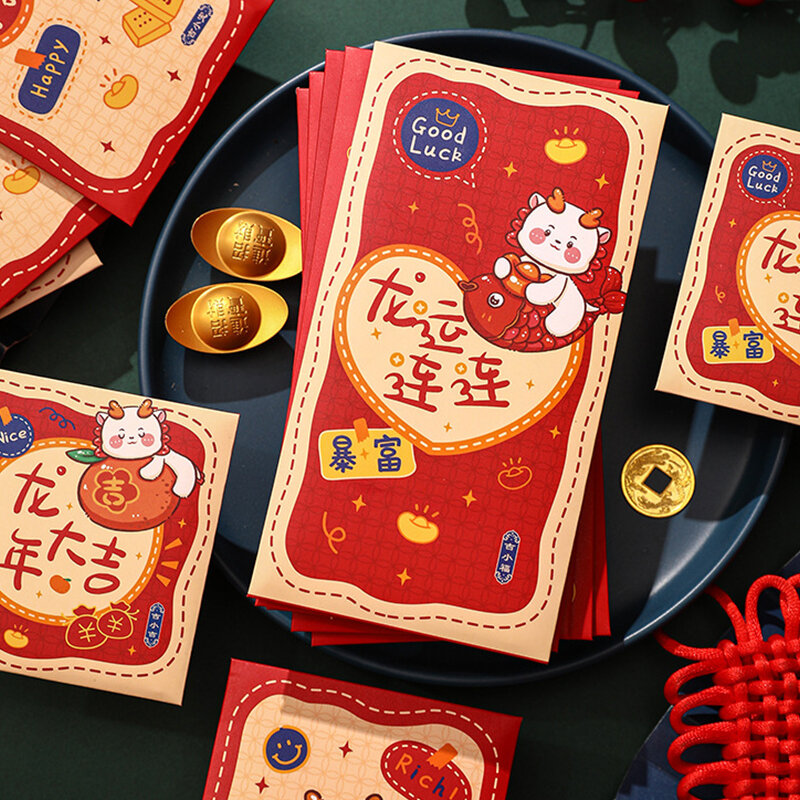 6ชิ้นตรุษจีนการ์ตูนมังกรน่ารักลายมังกรกระเป๋าใส่เงินโชคดีปีใหม่จีนพรถุงสีแดง