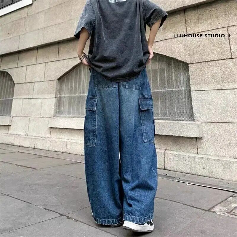Jeans largos e largos casuais lavados para homens e mulheres, todos os macacões retos de hip hop, bolso grande, streetwear azul